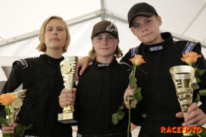 Prispallen i Renault Junior Cup, från vänster: Olle Jansson, Filip Bernström och Axel Wadsten.